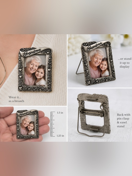 Vintage Jewelry - Vintage Grandma Mini Picture Frame Brooch Pin Silver Tone Roses Hearts Gift